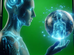 Imagem mostra uma figura humana com a cabeça e o corpo desmembrados, cada um contendo circuitos e iluminações azuis. A figura está segurando uma esfera que emite luz azul e contém uma imagem de uma pessoa. A figura está em frente a uma parede verde com um logotipo de um círculo e uma estrela, e à sua direita há uma máquina fotográfica.