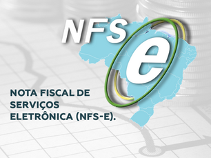 Imagem mostra um logotipo com o nome "NFS E-ELETRÓNICA" e a palavra "NOTA FISCAL DE SERVIÇOS ELECTRÓNICOS". Há uma imagem de moedas no fundo, sugerindo que é sobre finanças ou economia.