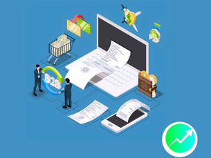 A imagem mostra uma representação estilizada do processo de transação financeira, incluindo um computador, um documento, um cartão de crédito e outros símbolos relacionados à transação.