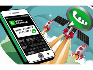  Imagem mostra um telefone com uma mensagem e um ícone de satélite. Há também três naves espaciais em movimento, cada uma com um número diferente. A imagem parece ser uma ilustração ou um cartaz promocional. 