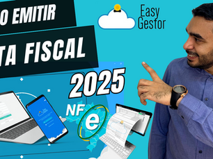 Imagem mostra um homem em frente a uma placa com texto e gráfico. A placa diz "Easy Gestor 2025" e apresenta informações sobre notificações, finanças e segurança. Há também um logotipo de uma empresa e o número "2025". O homem parece estar falando ou apresentando a placa.