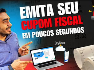 Imagem mostra um homem em frente a uma imagem de um recibo e um computador, com o texto "Emita seu cupom fiscal" e "Cupom fiscal em poucos segundos". Ele parece estar falando sobre o tema do cupom fiscal.