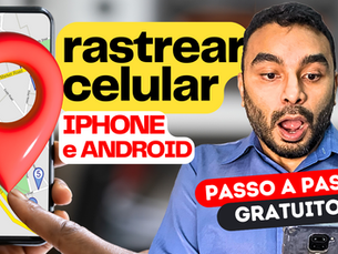 Na imagem, um homem está segurando dois telefones celulares que exibem mapas de localização. O telefone à esquerda mostra uma mensagem em inglês que diz "Rastran Cellular" e o telefone à direita tem a mensagem "Passo a passo". Ambos os telefones têm ícones de locações penduradas. O homem está fazendo um gesto com a mão direita, sugerindo que está apresentando ou explicando algo relacionado a essas localizações.