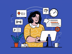 Ilustração de uma pessoa sentada em frente a um escritório, com vários ícones de comunicação e tecnologia ao redor. A pessoa está usando uma blusa amarela e tem o braço direito levantado para apresentar algo no monitor. Há também um relógio e um planto na parte superior do escritório.