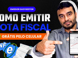 Imagem mostra um homem segurando uma foto com um texto que diz "COMO EMITIR NOTA FISCAL". Ele está usando uma camiseta azul e parece estar em um ambiente interno. A imagem parece ser um anúncio ou promoção para ajudar as pessoas a emitir notas fiscais.