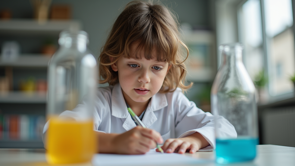 Eye-level view of a child experimenting with a science kit