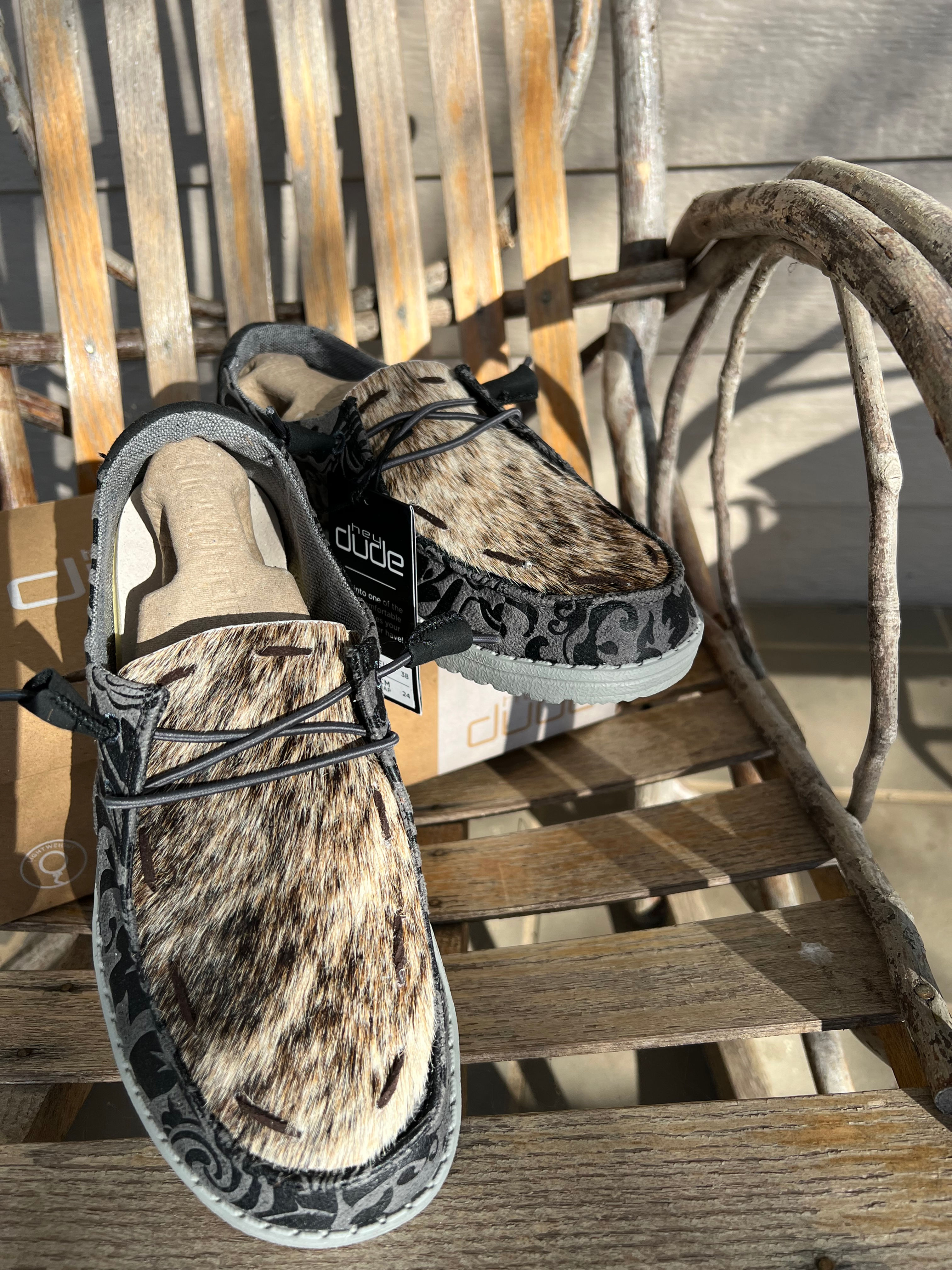 Custom Hey Dude brown mingled hair hide