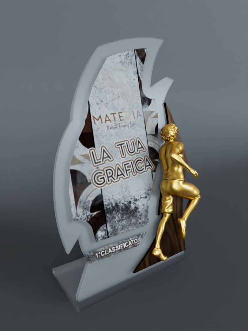 Miniatura: Trofeo Running 3D: vista del lato destro del corridore in azione, scultura a tutto tondo in legno e stampa 3D.