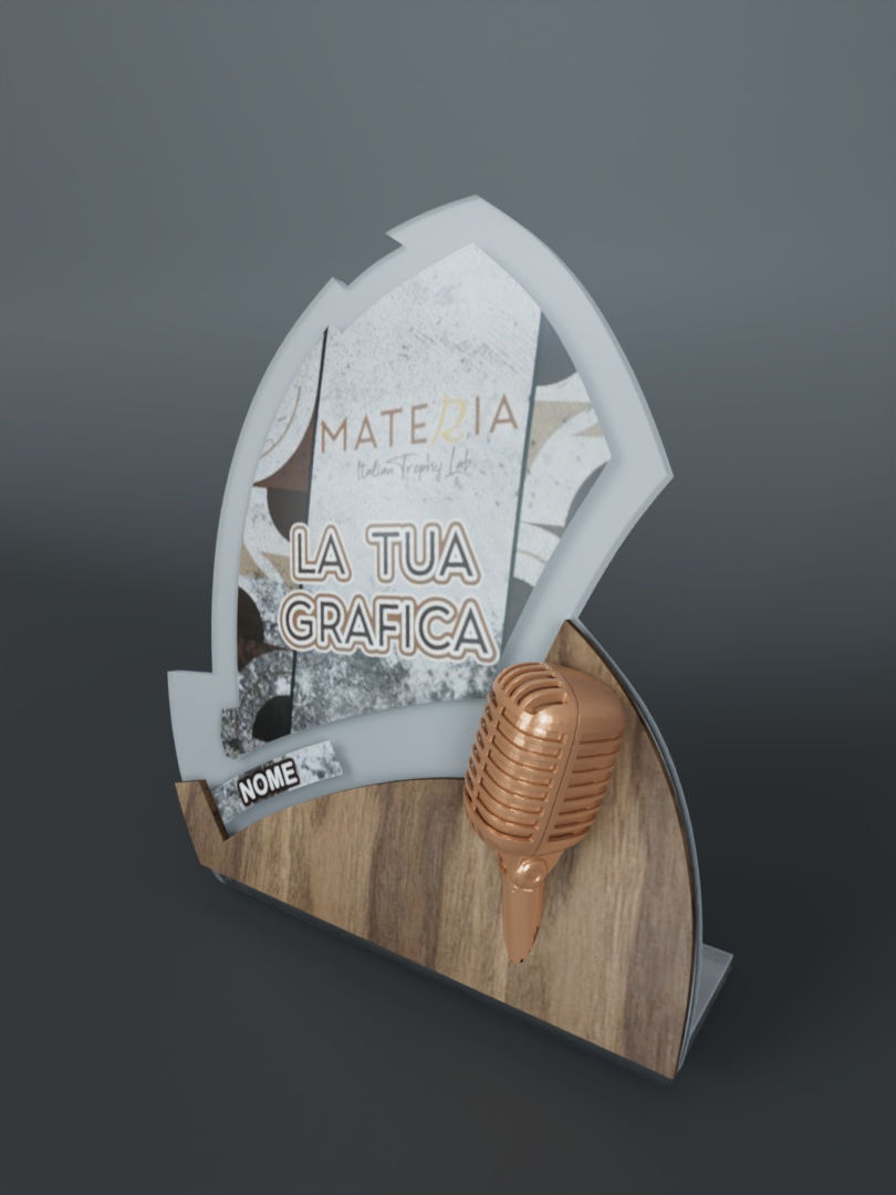 Dettaglio premio canto con elementi in stampa 3D e base artigianale in legno - MATERIA