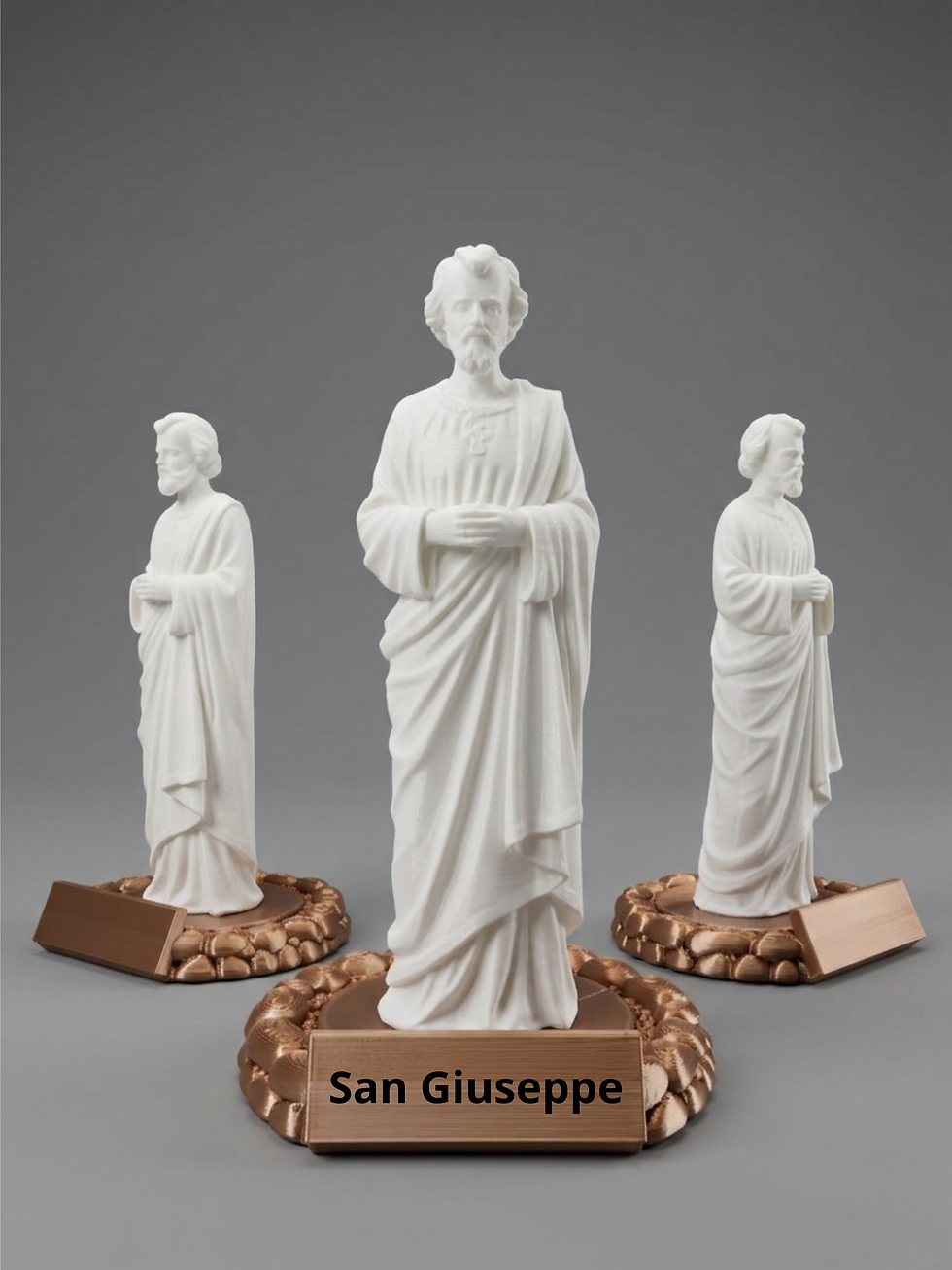 Statuetta San Giuseppe 3D: scultura sacra a tutto tondo vista da ogni lato, arte religiosa e stampa 3D.