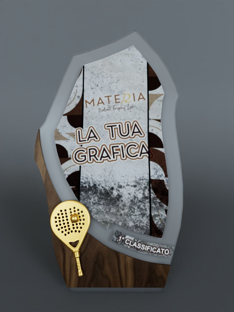 Trofeo Padel Oro 3D: vista frontale scultura a tutto tondo, premio torneo in legno e stampa 3D.
