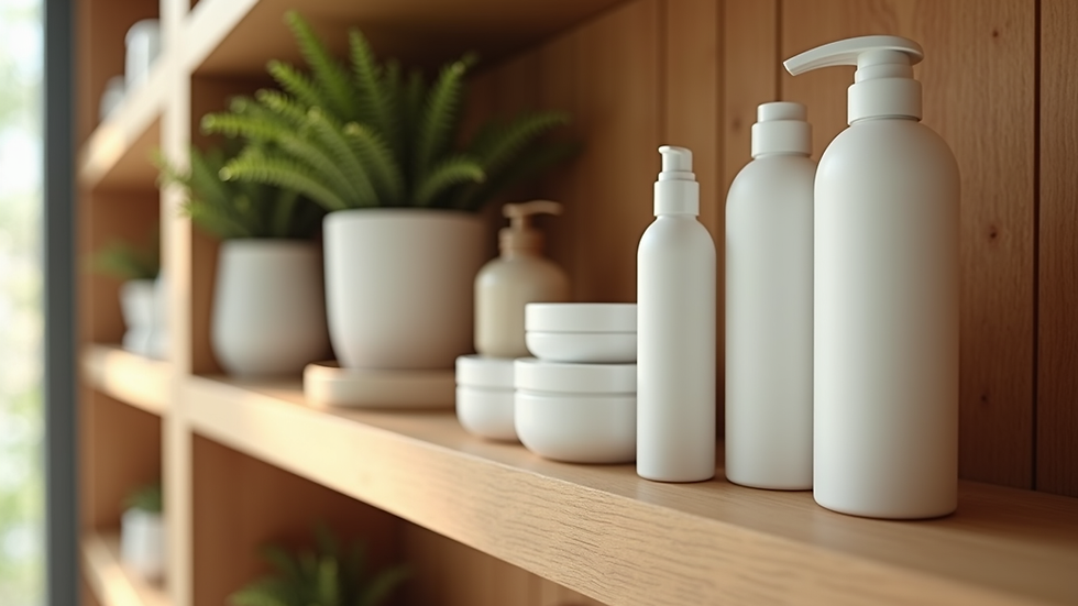 Eye-level view of natural skincare products on a wooden shelf