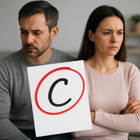 "Unhappy couple sitting apart with a circled C grade on a relationship report card, symbolizing average relationship health.