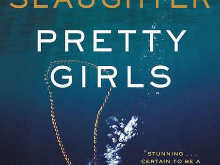 Book cover: "Pretty Girls" by Karin Slaughter. Features a gold necklace sinking underwater with bubbles. Text includes a quote by Lee Child.