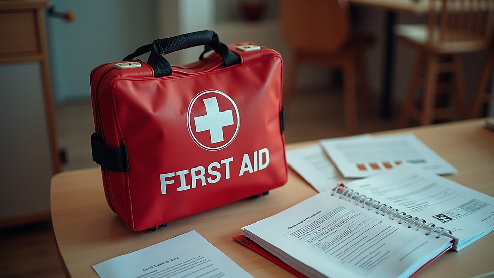 High angle view of a first aid kit and training materials on a table