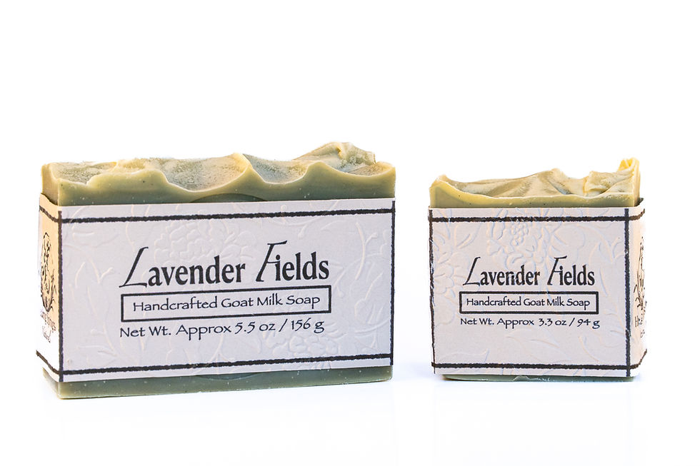 Thumbnail: One large and one small indigo bar of Lavender Fields soap with embossed label.