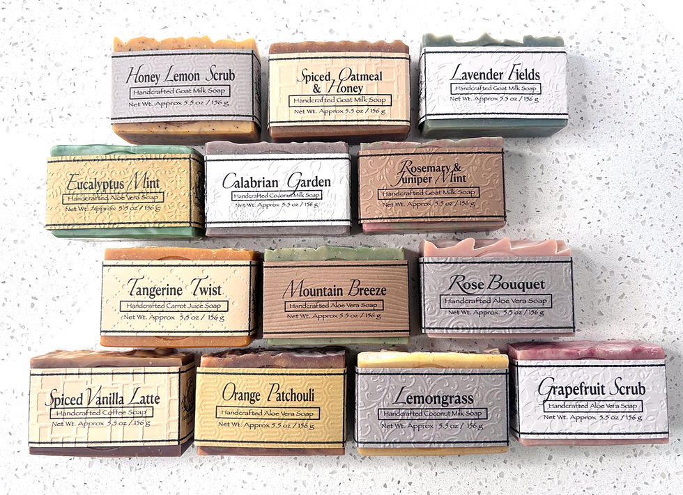 Thumbnail: Twelve bars of soap in four rows of three wrapped in embossed labels.