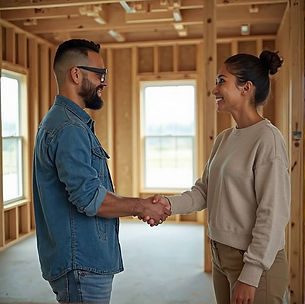 Contractor and client shaking hands in framed home