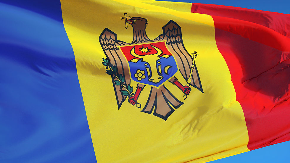 Moldova flag waving against clean blue sky, close up, isolated with clipping path mask alp