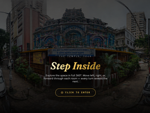 360° virtual tour entrance view of South Indian temple in Mumbai with a “Step Inside” button.