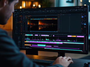Person editing video on a computer with colorful timelines. Dark room with ambient lighting; speaker nearby. Focused and professional mood.