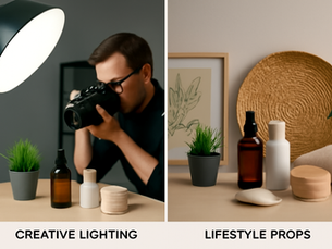 A person photographs objects under a lamp with plants and bottles, stylish props, and art in the background. Text: "CREATIVE LIGHTING" and "LIFESTYLE PROPS."