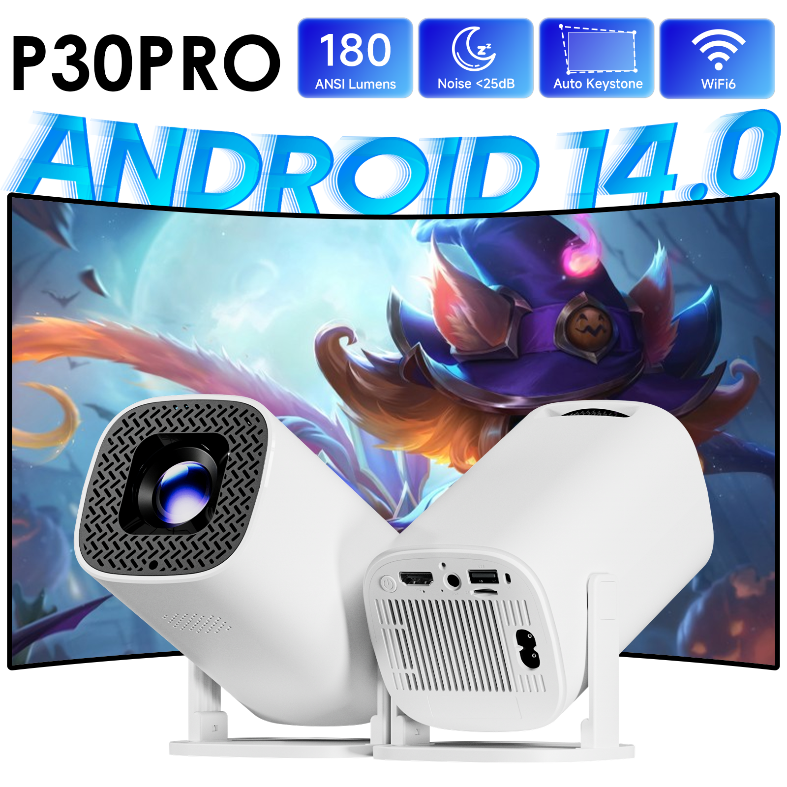 P30 PRO Mini Projetor Inteligente Android 14 WiFi6 BT 5.0 Suporta 4K 1280*720P