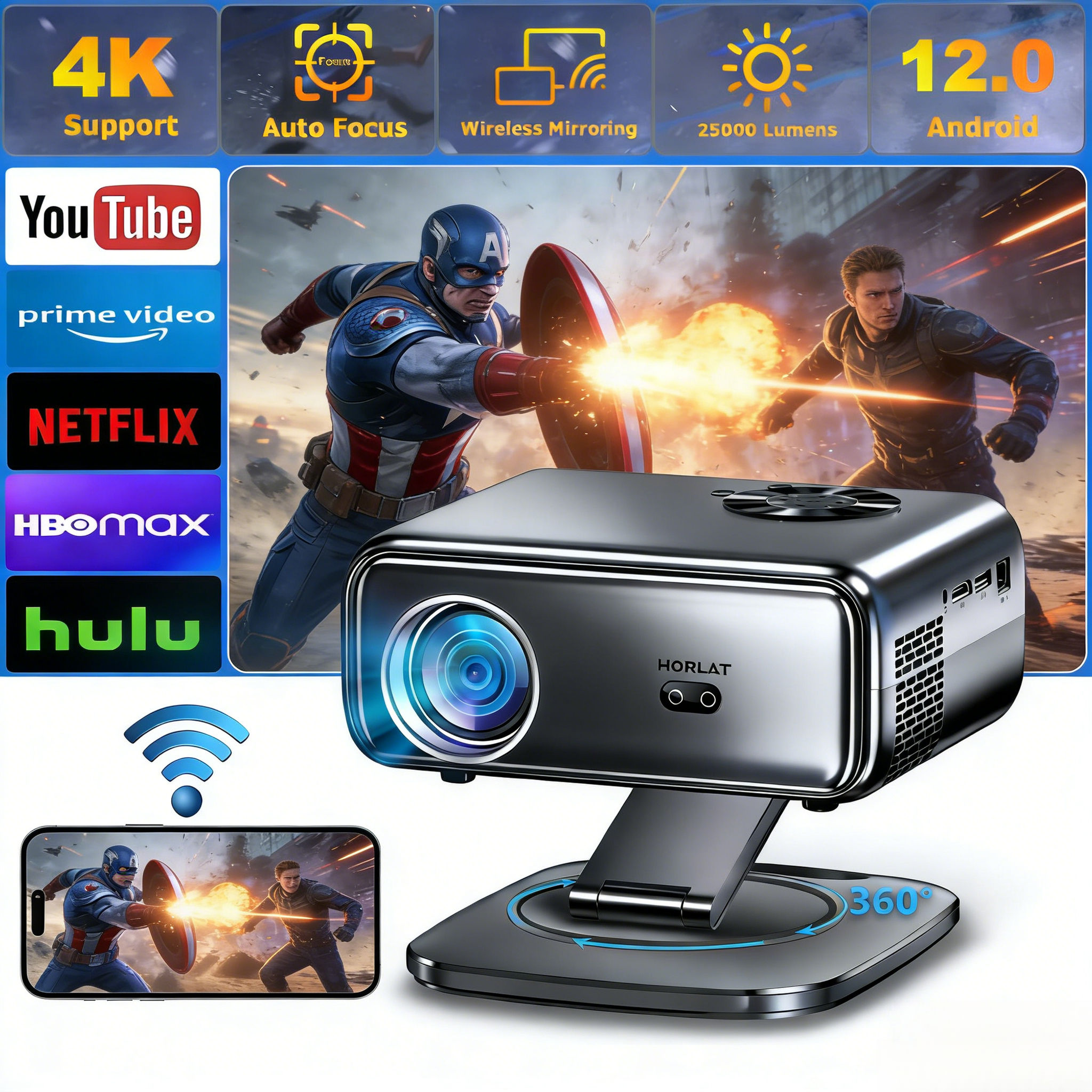 Projetor HORLAT 800ANSI Android 12 Nativo 1080P 4K com Foco Automático/Keystone