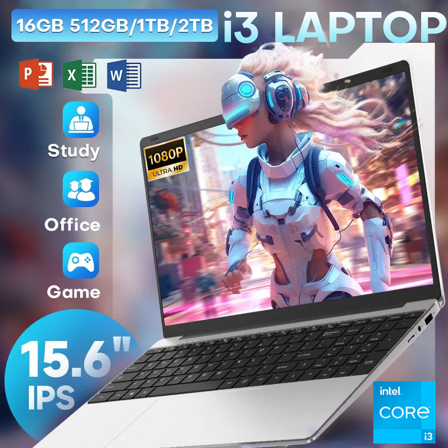 Notebook PC Intel de 15,6 polegadas, ultrafino, Intel Core i3 6100U 16 GB de RAM