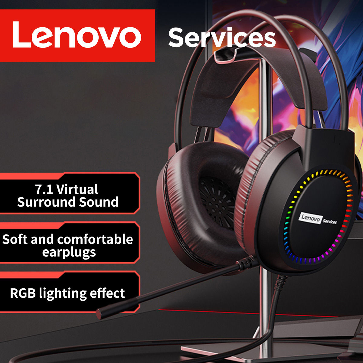 Fones de Ouvido Over-Ear Lenovo com Microfone, Fones de Ouvido para Jogos