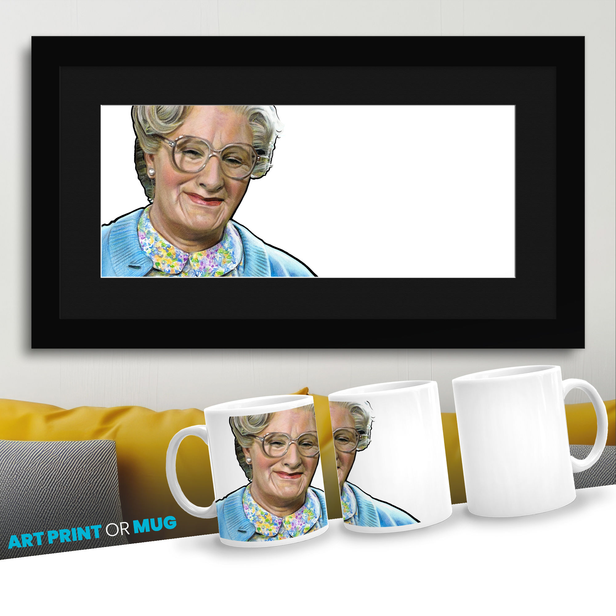 Mrs. Doubtfire Robin Williams 90's Kid Comedy Movie Art for Home Decor and Coffee Mug for Film Buff