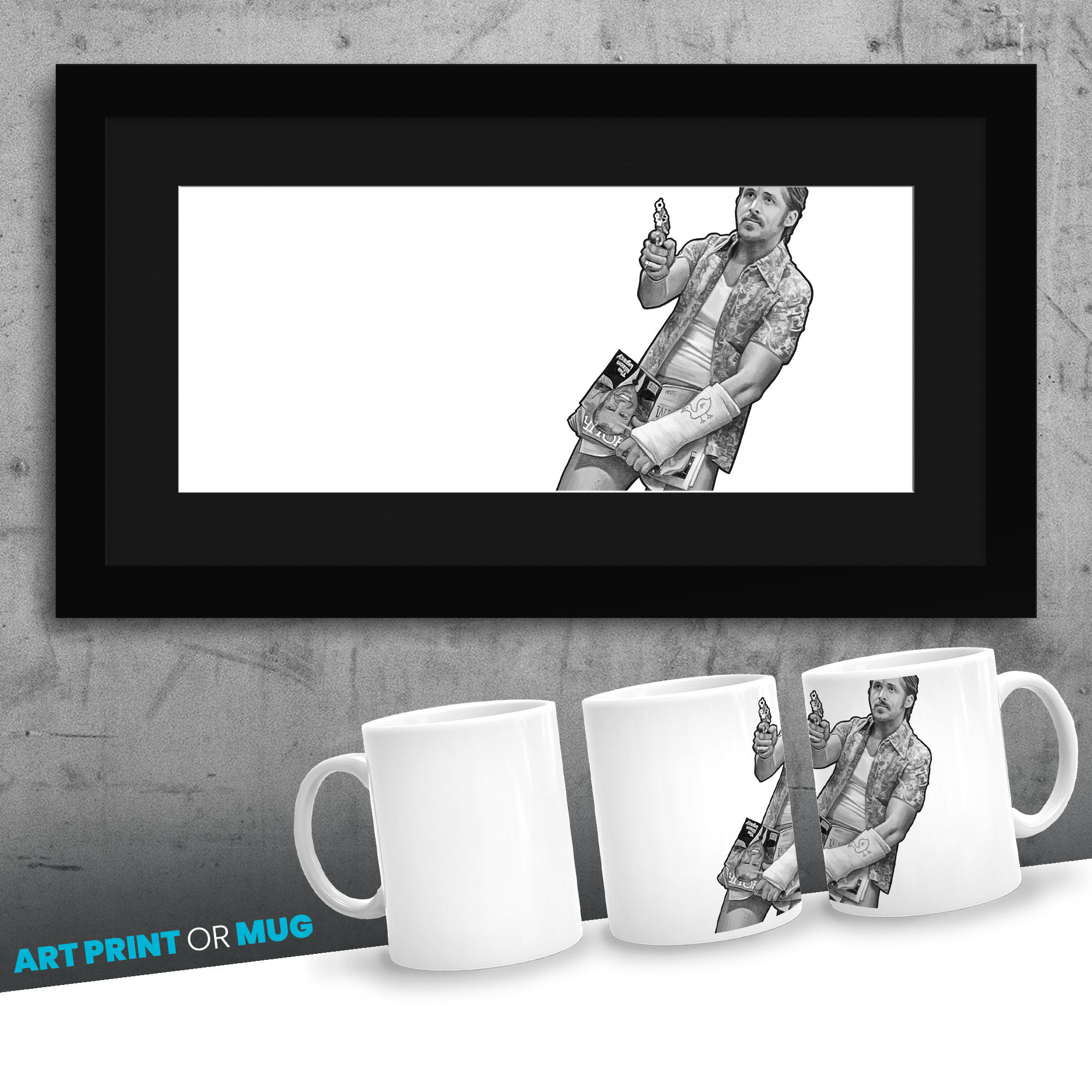 The Nice Guys Ryan Gosling Bathroom Scene Movie Lover Wall Art and Coffee Mug for Cinephile. Funny Bathroom Art