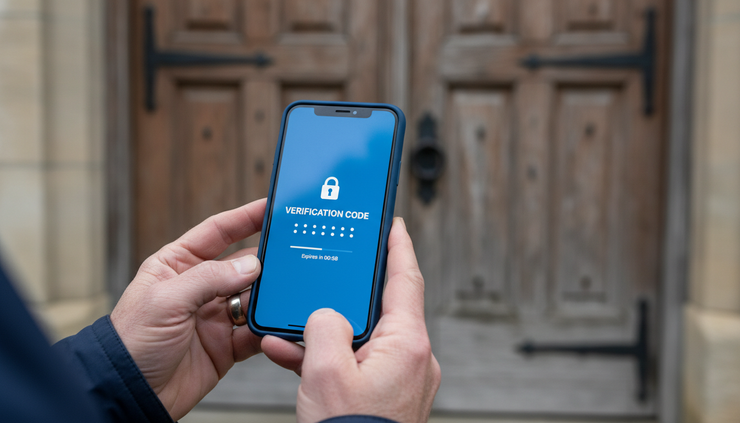 Close-up view of a volunteer holding a smartphone with a multi-factor authentication code outside a church door