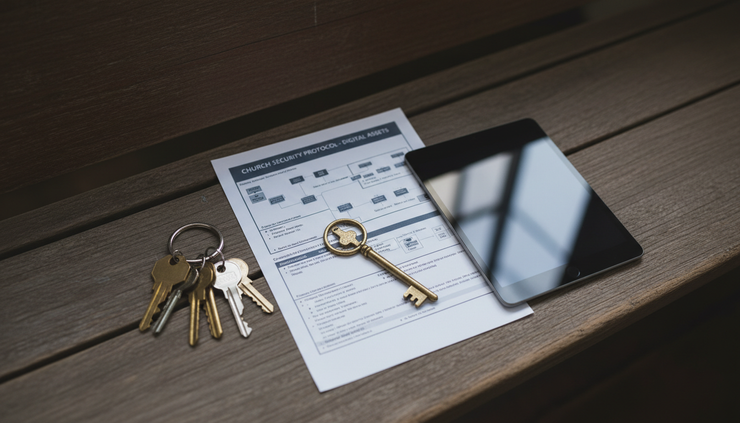 Overhead view of a printed church security plan beside keys and a closed tablet on a wooden pew
