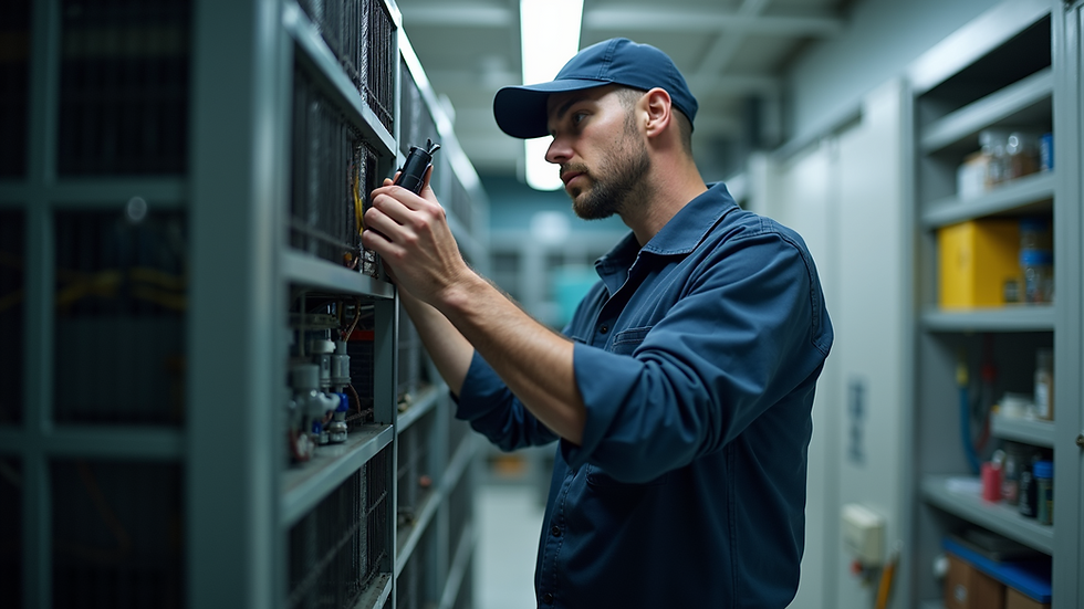 Eye-level view of a technician inspecting an HVAC unit