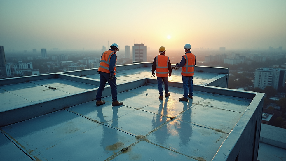 High angle view of a commercial building roof with maintenance workers