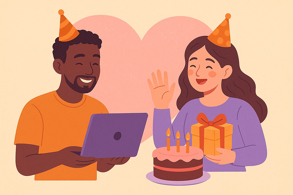 A happy couple wearing party hats, smiling; one holds a laptop, the other a gift and cake with candles. Background has a large pink heart.