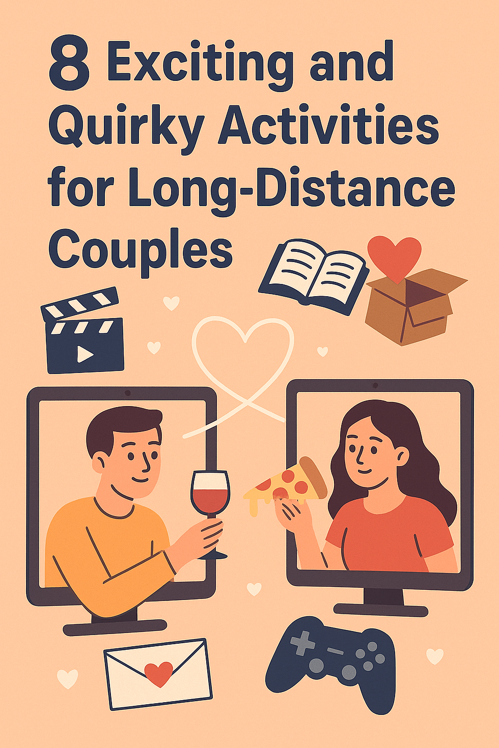 Illustration for blog post about long-distance date ideas showing a couple video chatting, holding wine and pizza, with icons of books, games, movie night, and surprise packages. 8 fun activities for long-distance couples