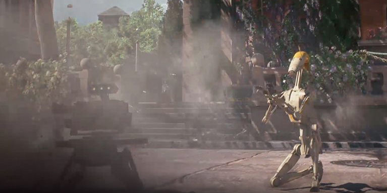 A droid officer crouched behind a turret