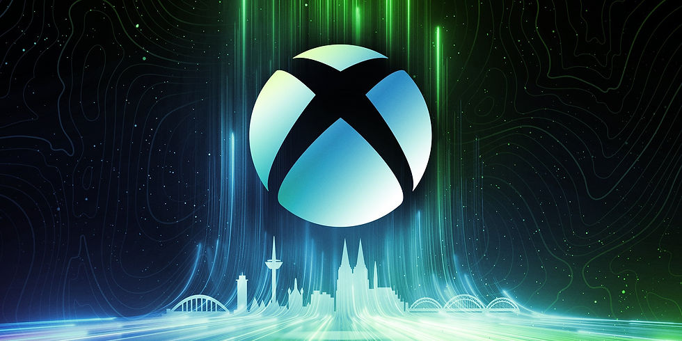 a stylised poster of the xbox logo with luminous green and blue light behind it