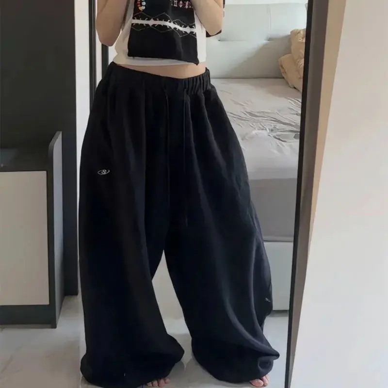 American Retro Hip-Hop Oversized Woman Black Casual Sweatpants Korean Streetwear