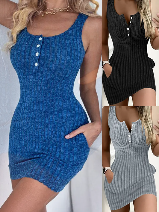 Button Front With Pocket Tank Dress Elegant Sleeveless Bodycon Dress For Spring