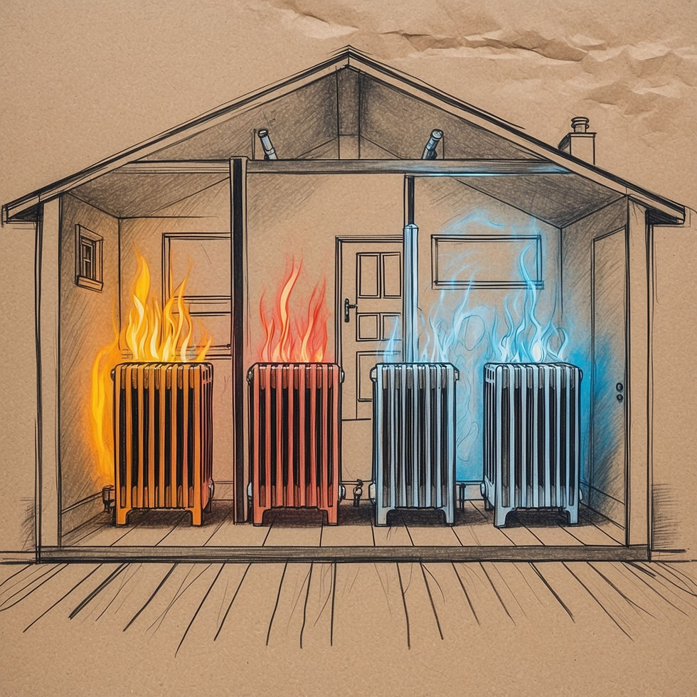 The image shows old and hot radiators in a sketch of a home