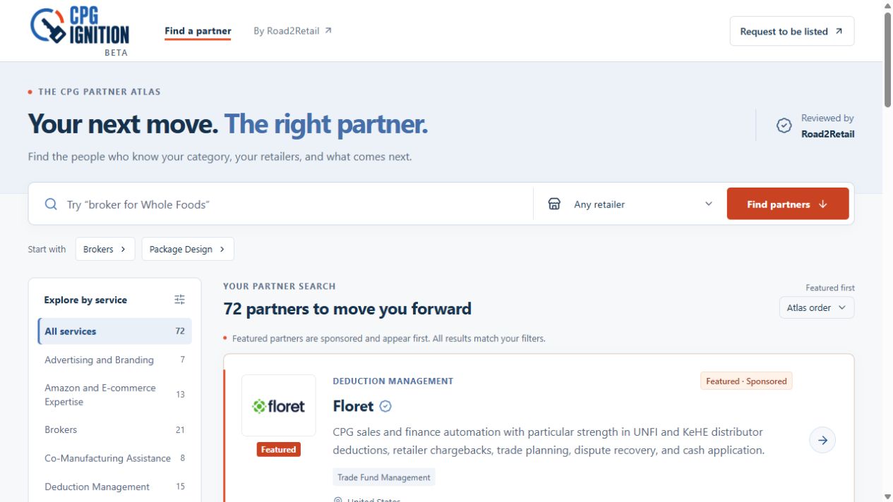 CPG Ignition’s beta partner finder showing company search, retailer expertise, service filters, and a labeled sponsored profile.