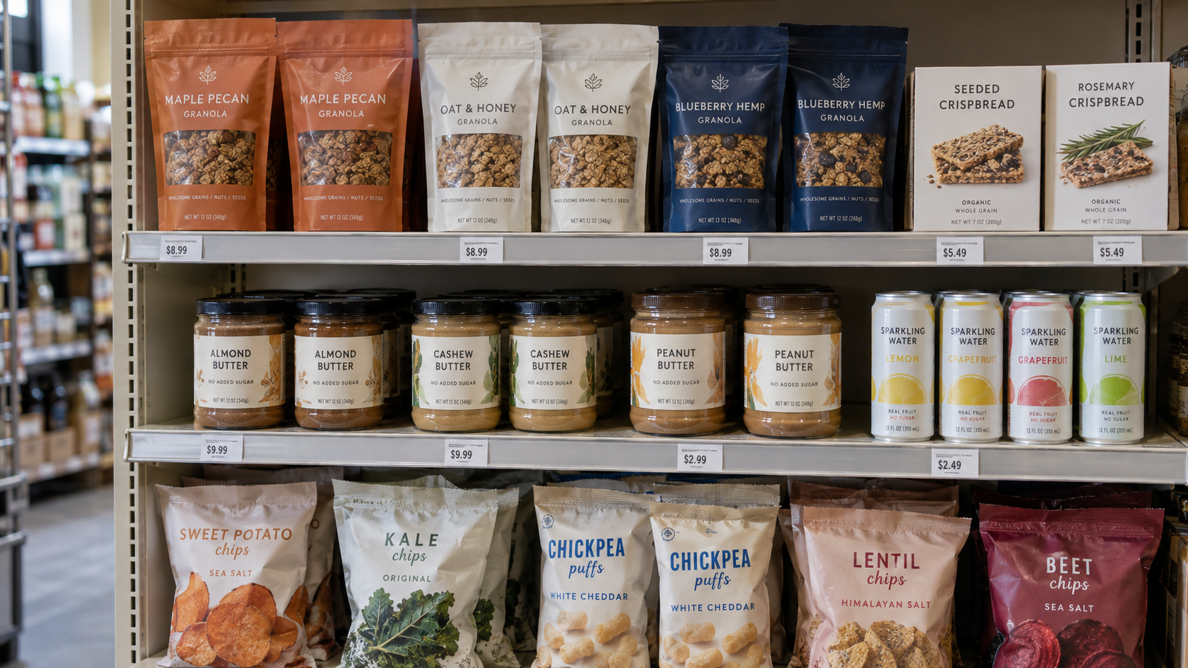 AI-generated photorealistic grocery shelf with granola, crispbread, nut butter, sparkling water, and snacks in realistic fictional packaging.