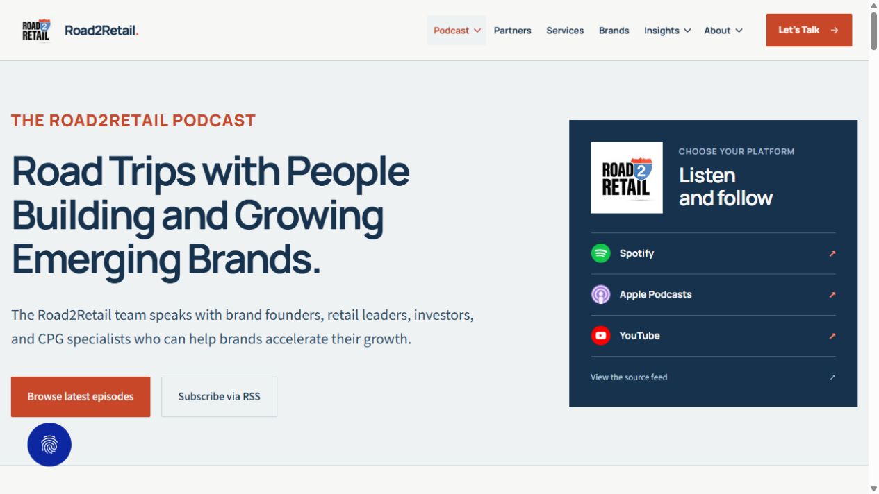 Road2Retail’s podcast page with its Listen and follow panel for Spotify, Apple Podcasts, and YouTube.