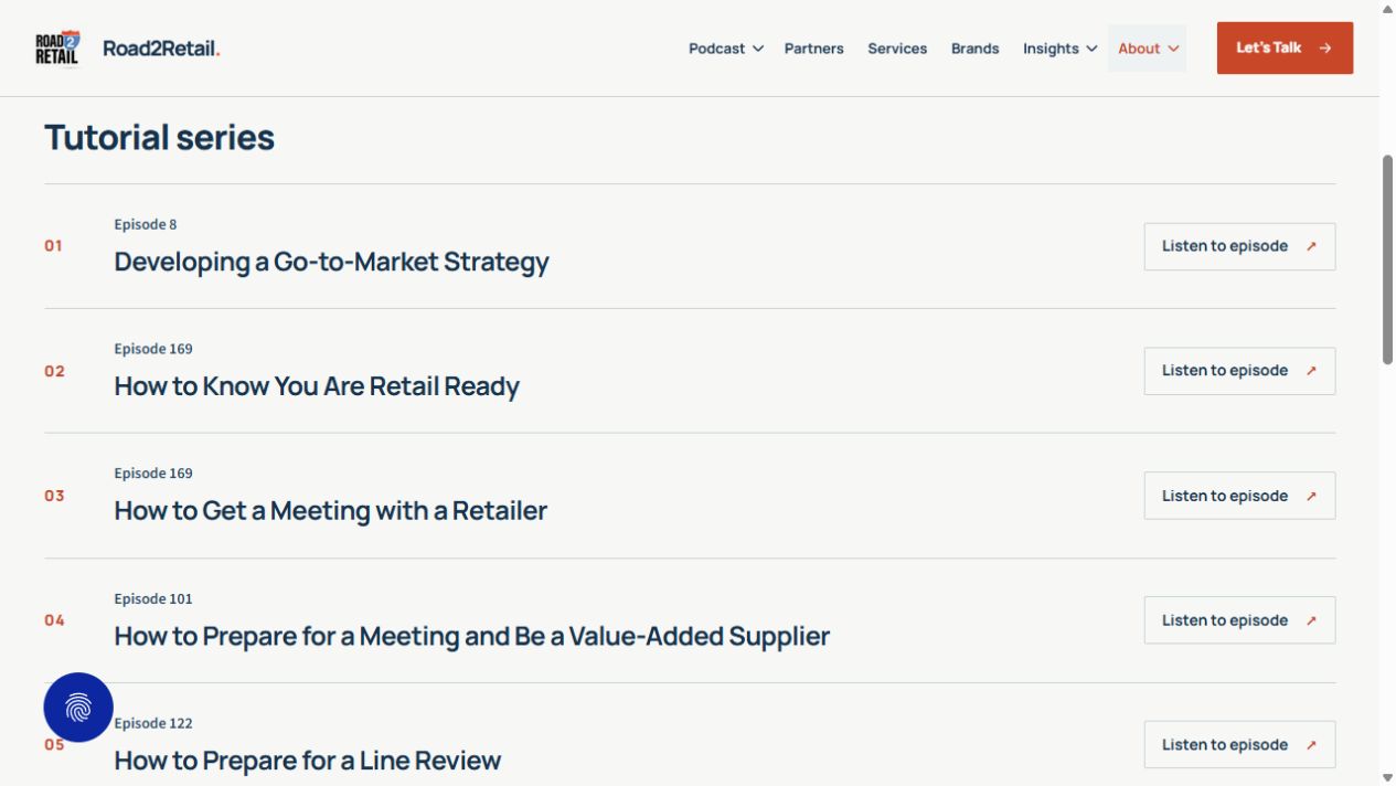 Learning Center lessons covering go-to-market strategy, retail readiness, retailer meetings, and line reviews.