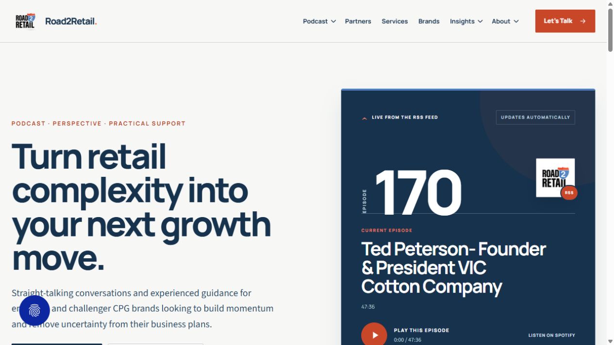 The new Road2Retail homepage, with a brand-growth headline and featured podcast episode.