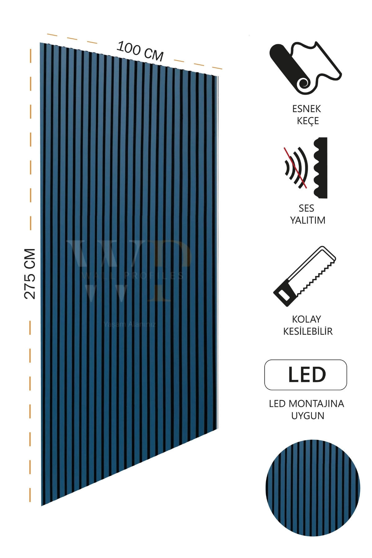 Mdf Ahşap Akustik Duvar Paneli 100x275 Cm - Okyanus Mavisi