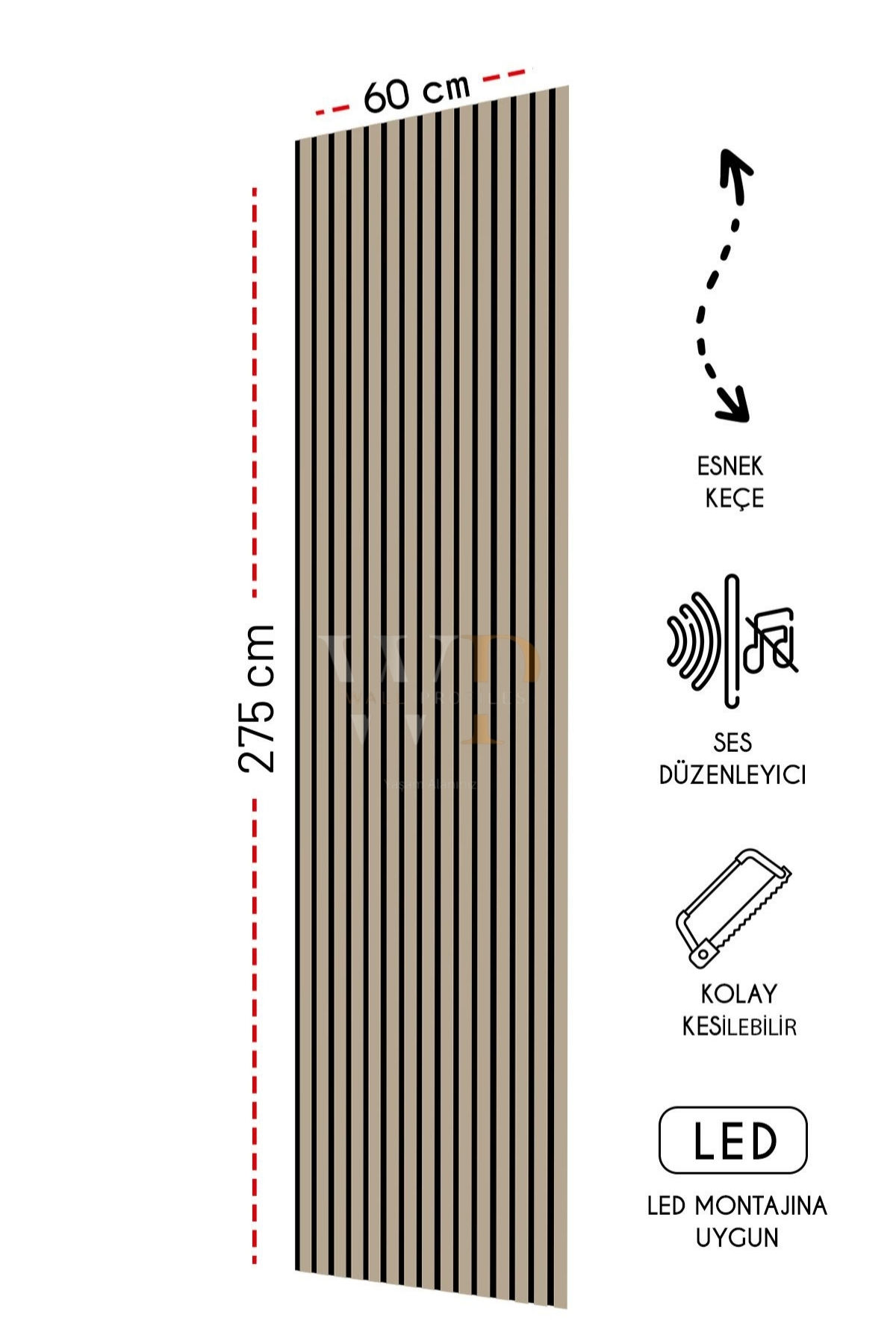 Mdf Ahşap Akustik Duvar Kaplama Paneli -60x275 cm -Krem